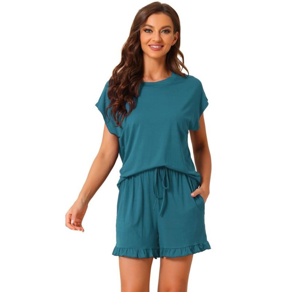 cheibear Women's Summer Short Sleeve Tops with Ruffle Shorts Lounge